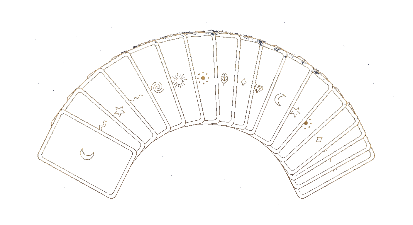 Un jeu de cartes oracle original, en éventail, posé sur fond bleu nuit
